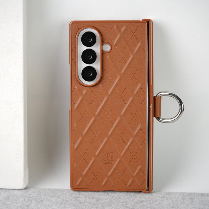 FRATO Fold 7 Collection Brown Samsung Galaxy Z Fold 7 PU Leather Cross Dot Hinge Protection Metal Ring Case Cover
