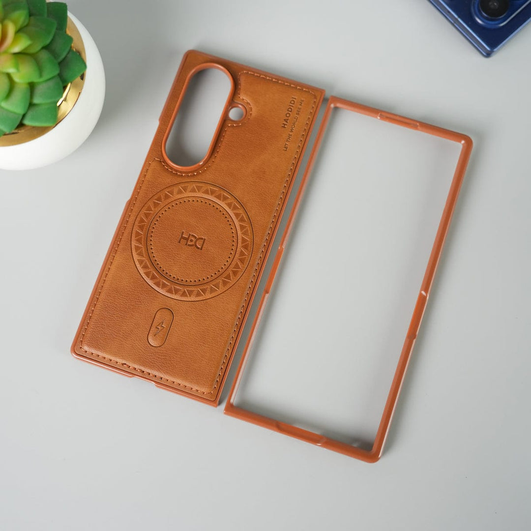 FRATO Fold 7 Collection Brown Stitch PU Leather Magnetic Charging Ring Cover For Galax Z fold 7