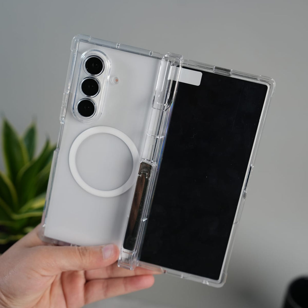 FRATO Fold 7 Collection Clear Galaxy Z Fold 7 Clear MagSafe Case with S Pen Holder, Kickstand &amp; Hinge Protection | Transparent Shockproof Cover