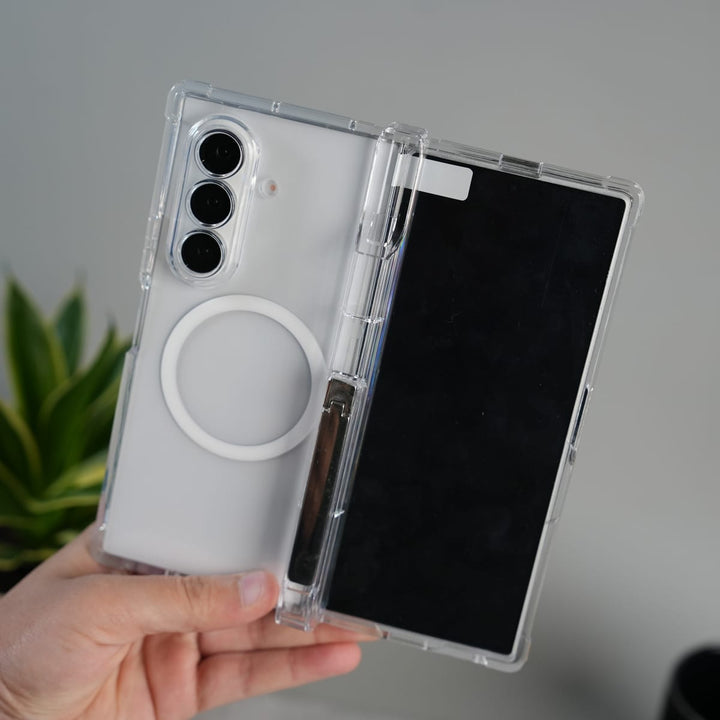 FRATO Fold 7 Collection Clear Galaxy Z Fold 7 Clear MagSafe Case with S Pen Holder, Kickstand &amp; Hinge Protection | Transparent Shockproof Cover