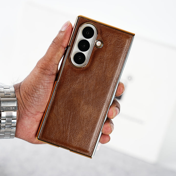 FRATO Fold 7 Collection Dark Brown Samsung Galaxy Z Fold 7 PU Leather Chrome Plated Front Screen Protector Case Cover