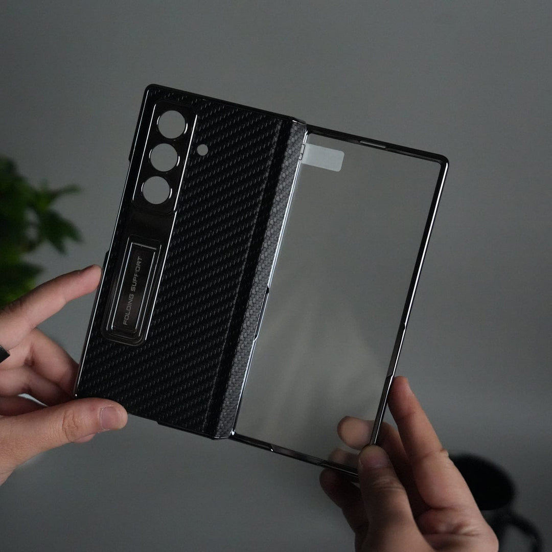FRATO Fold 7 Collection Galaxy Z Fold 7 Carbon Fiber Texture Case with Front Glass Protection | Chrome Plated Frame & Kick Stand