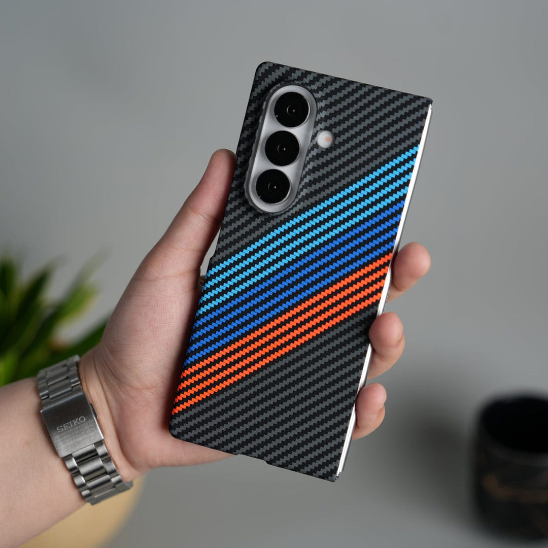 FRATO Fold 7 Collection Galaxy Z Fold 7 Carbon Fiber Texture Design Hard Pc MagSafe Case Cover BlueOrangeLine Design