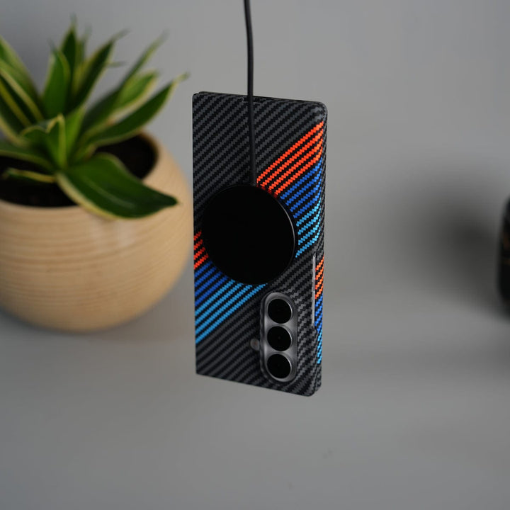 FRATO Fold 7 Collection Galaxy Z Fold 7 Carbon Fiber Texture Design Hard Pc MagSafe Case Cover BlueOrangeLine Design