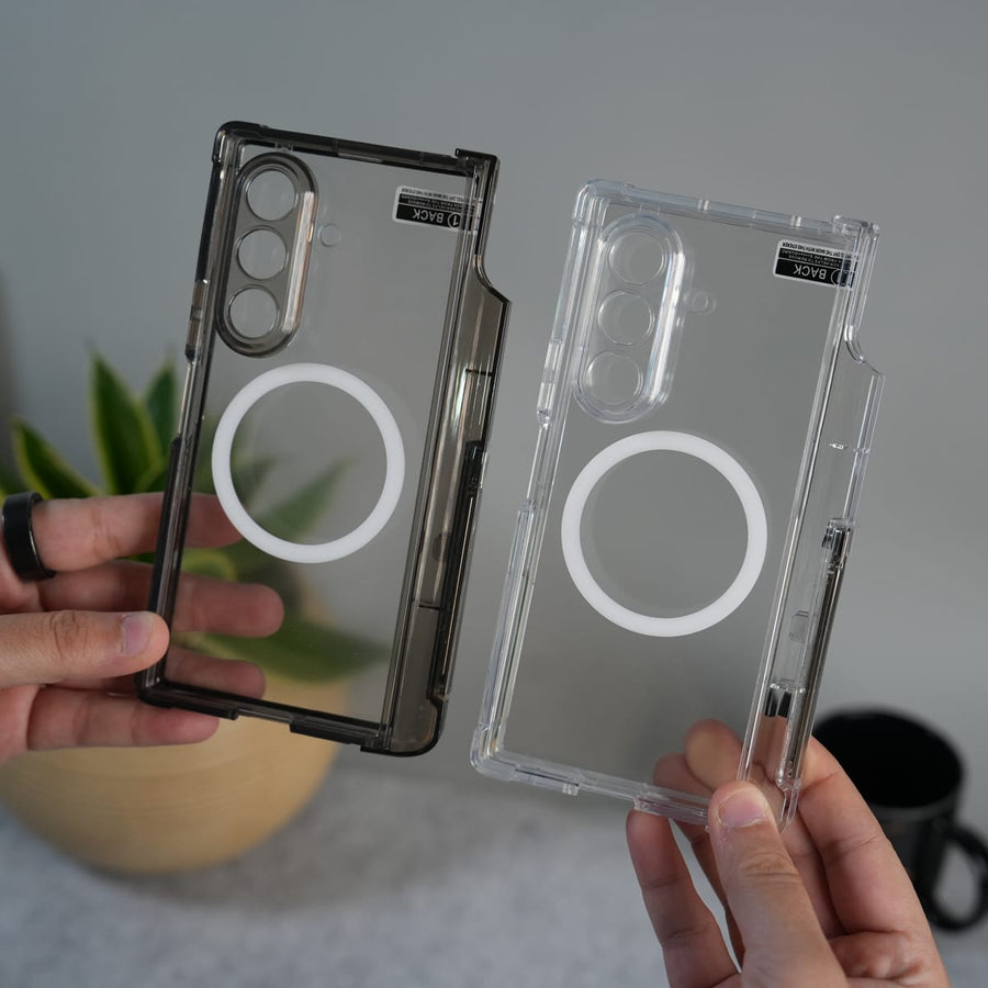 Galaxy Z Fold 7 Clear MagSafe Case with S Pen Holder, Kickstand & Hinge Protection | Transparent Shockproof Cover
