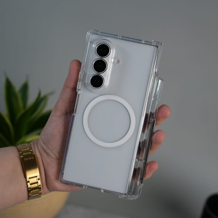FRATO Fold 7 Collection Galaxy Z Fold 7 Clear MagSafe Case with S Pen Holder, Kickstand &amp; Hinge Protection | Transparent Shockproof Cover