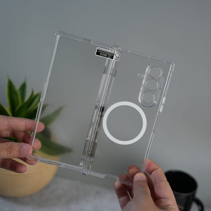 FRATO Fold 7 Collection Galaxy Z Fold 7 Clear MagSafe Case with S Pen Holder, Kickstand &amp; Hinge Protection | Transparent Shockproof Cover