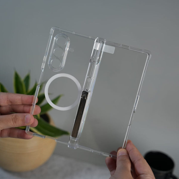 FRATO Fold 7 Collection Galaxy Z Fold 7 Clear MagSafe Case with S Pen Holder, Kickstand &amp; Hinge Protection | Transparent Shockproof Cover