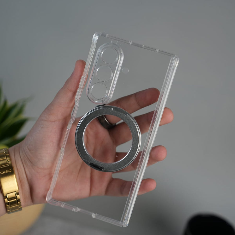Galaxy Z Fold 7 Clear MagSafe Kickstand Case with Hinge Protection | Transparent Shockproof Slim Cover