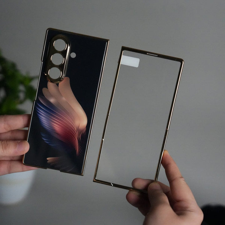 FRATO Fold 7 Collection Galaxy Z Fold 7 Glossy Glass Case | Chrome Plated Frame with Front Glass Protection (Wings Design)