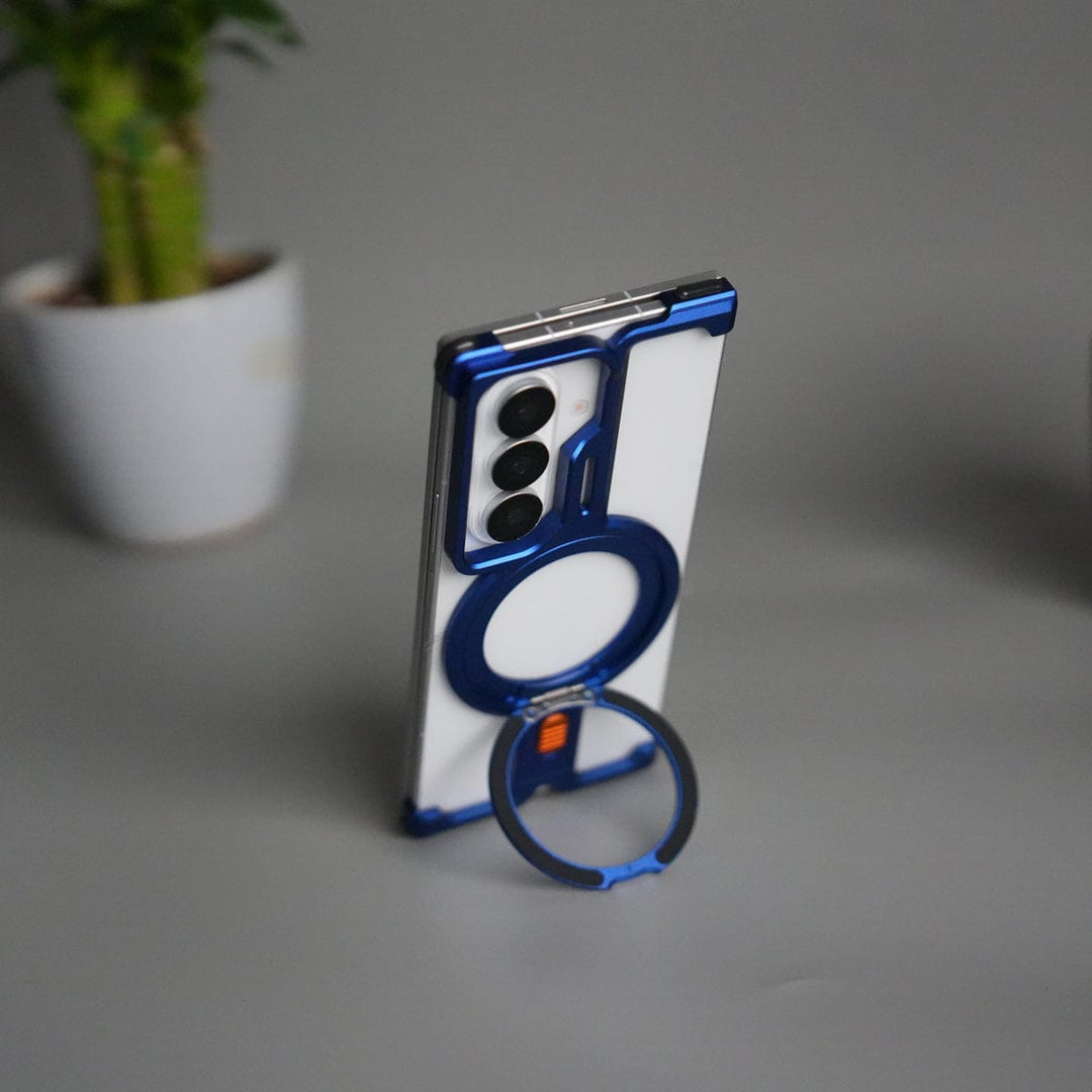 FRATO Fold 7 Collection Galaxy Z Fold 7 Metal Frameless Bumper Case | Blue Aluminum Protective Cover with 360° Rotating Stand