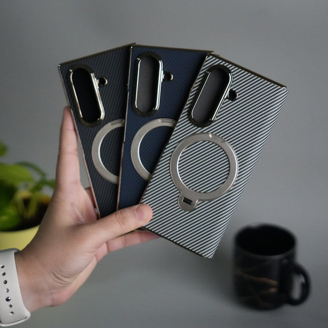 FRATO Fold 7 Collection Galaxy Z Fold 7 Premium Carbon-Texture Ring Stand Flip Case | Metal Kickstand | Slim & Protective Cover