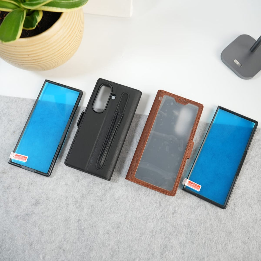 Galaxy Z Fold 7 Premium Leather Wallet Case with Front Screen Protection