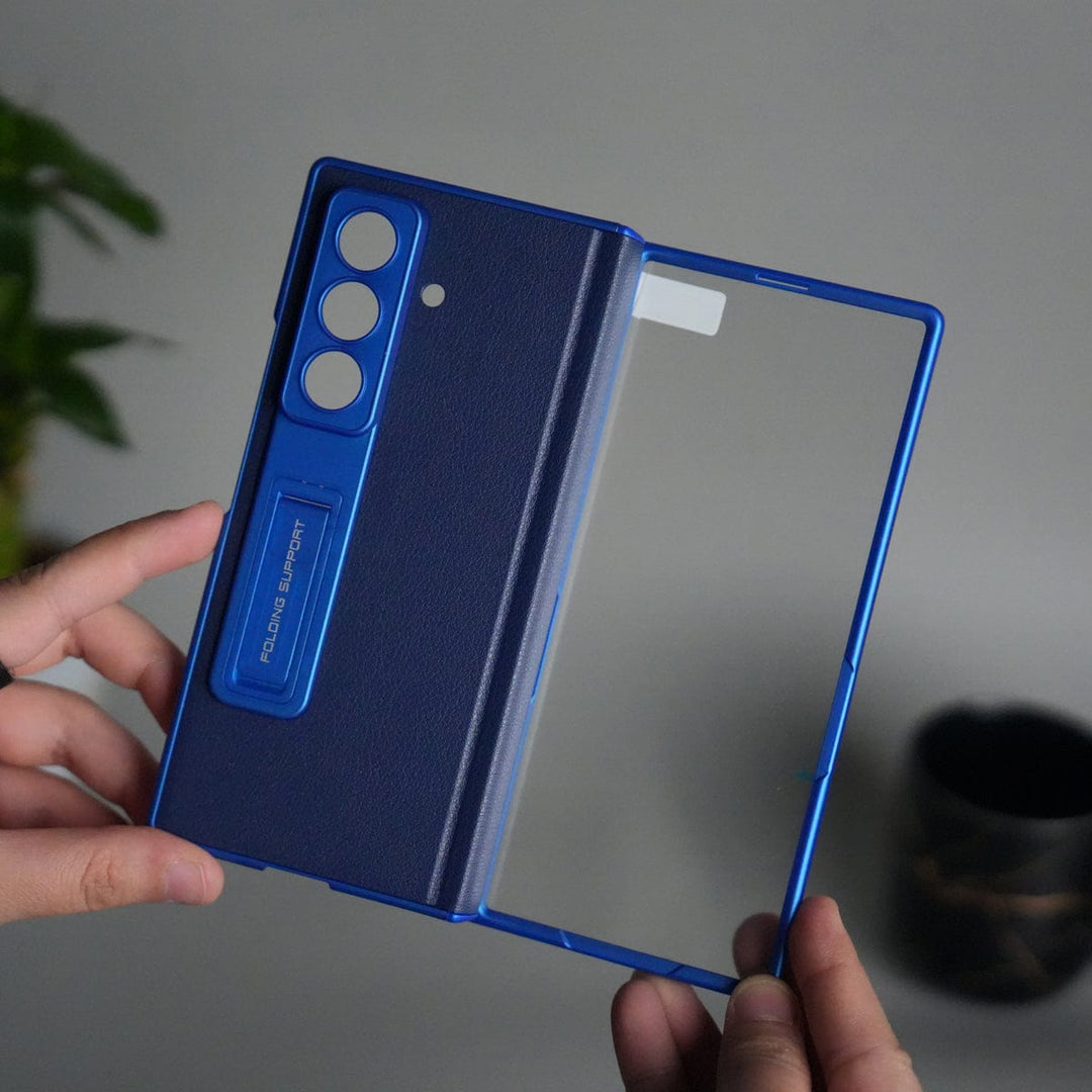 FRATO Fold 7 Collection Galaxy Z Fold 7 PU Leather Kickstand Case with Front Glass | Hinge Protection | Slim Matte Hard Back Cover | BLUE
