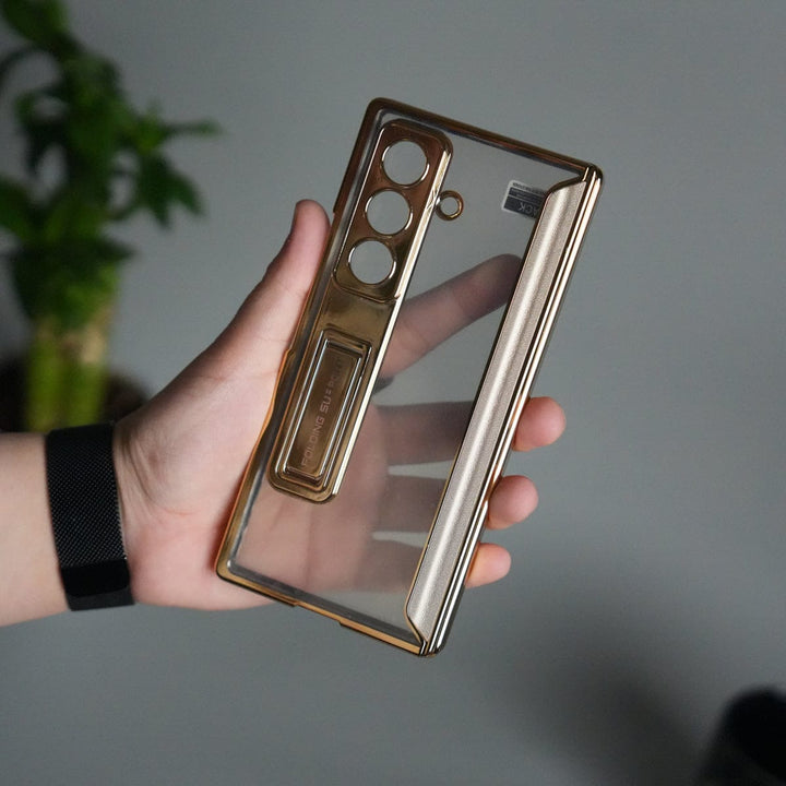 FRATO Fold 7 Collection Galaxy Z Fold 7 Transparent Case with Front Glass Protection | Chrome Plated Frame &amp; Kick Stand