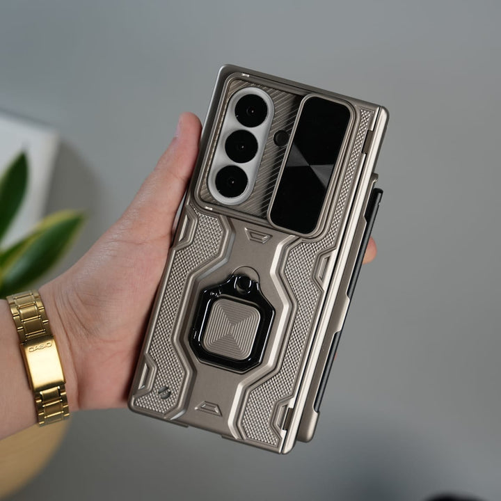 FRATO Fold 7 Collection Golden Galaxy Z Fold 7 Full Protection Armor Case with Front Glass, Camera Shutter, Kickstand &amp; S Pen Cover