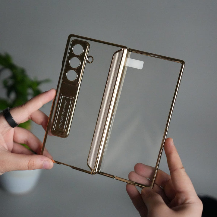 FRATO Fold 7 Collection Golden Galaxy Z Fold 7 Transparent Case with Front Glass Protection | Chrome Plated Frame &amp; Kick Stand