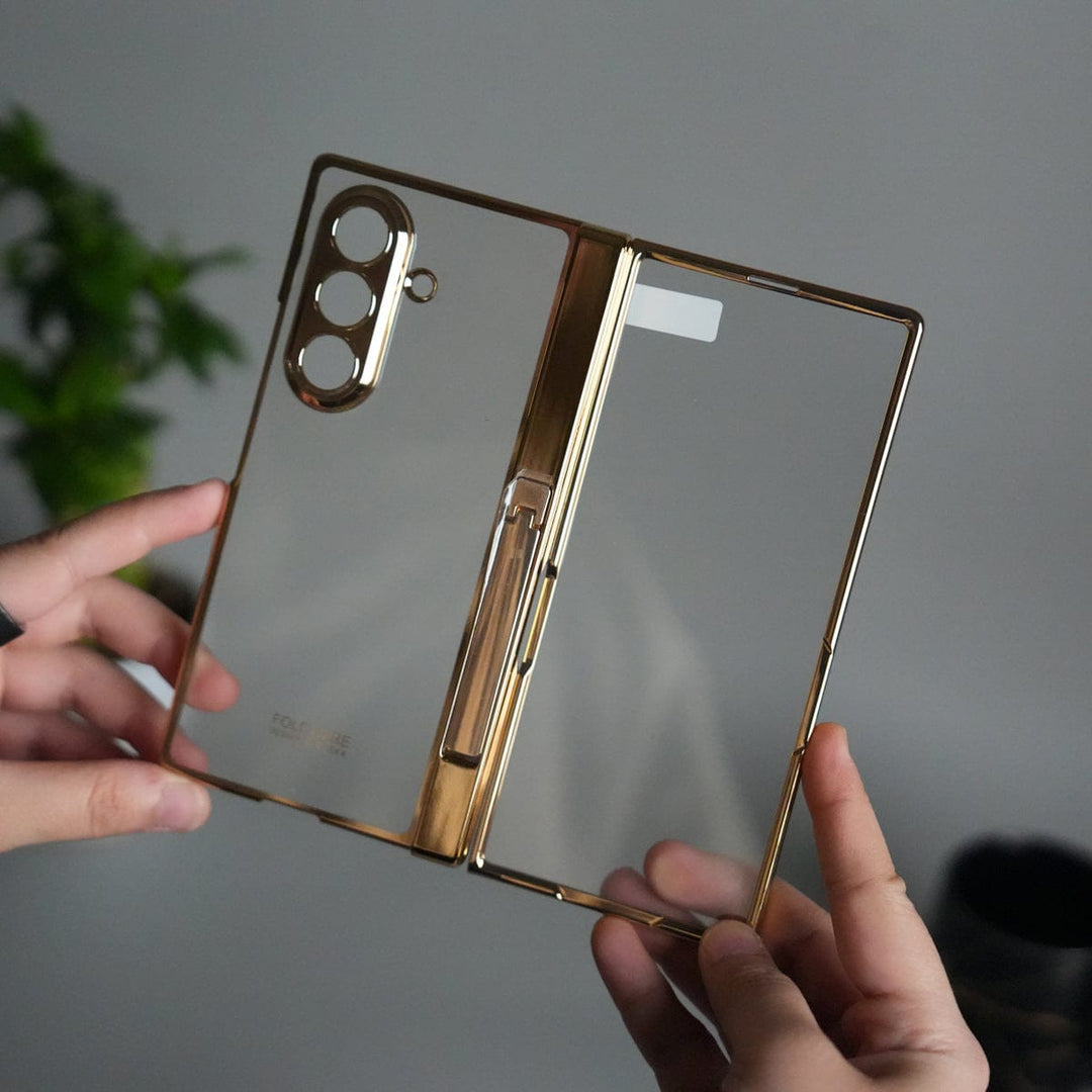 FRATO Fold 7 Collection Golden Galaxy Z Fold 7 Transparent Case with Front Glass Protection | Chrome Plated Hinge &amp; Kick Stand