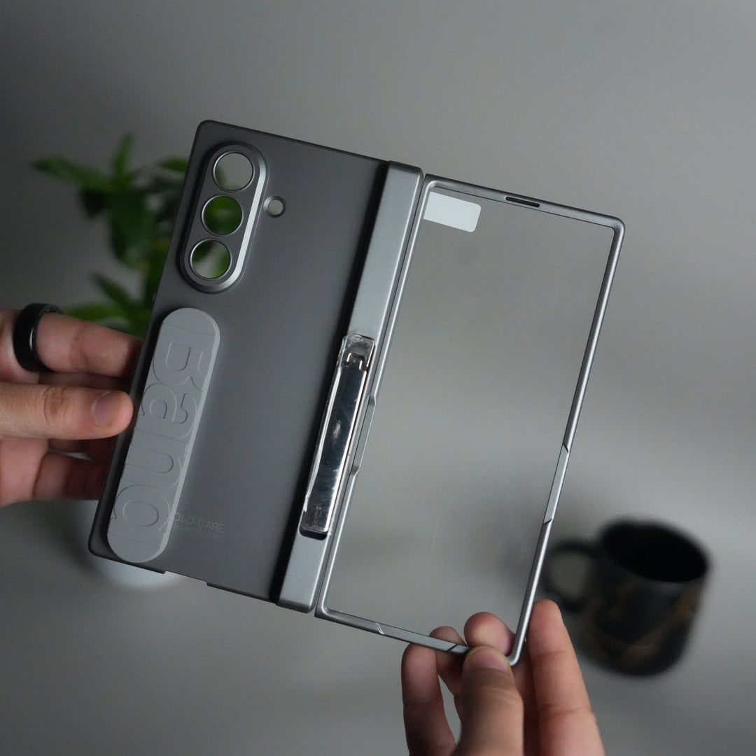 FRATO Fold 7 Collection Gray Galaxy Z Fold 7 Silicone Band Holder Case with Front Glass | Matte Hard Cover with Kickstand Grip