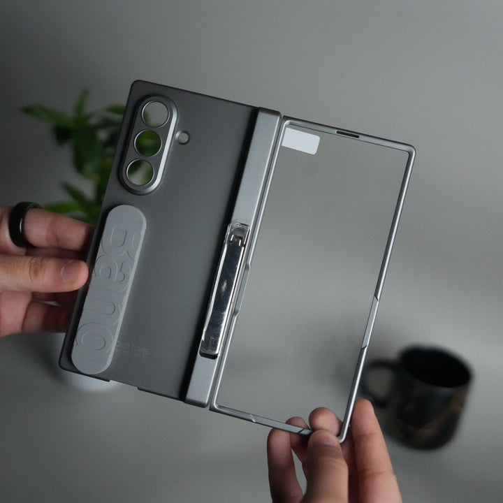 FRATO Fold 7 Collection Gray Galaxy Z Fold 7 Silicone Band Holder Case with Front Glass | Matte Hard Cover with Kickstand Grip