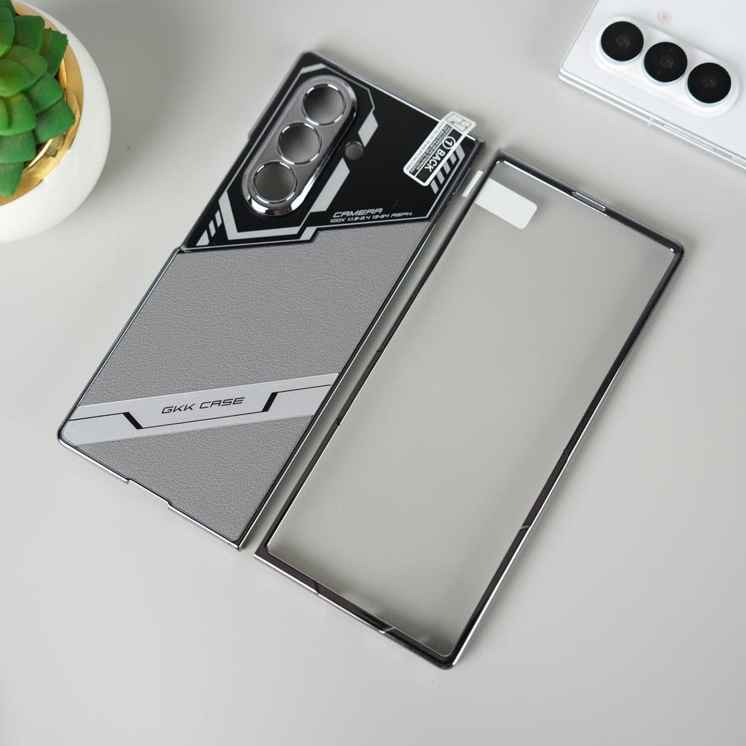 FRATO Fold 7 Collection Gray Leather Samsung Galaxy Z Fold 7 GKK Carbon Leather Chrome Case with Front Glass