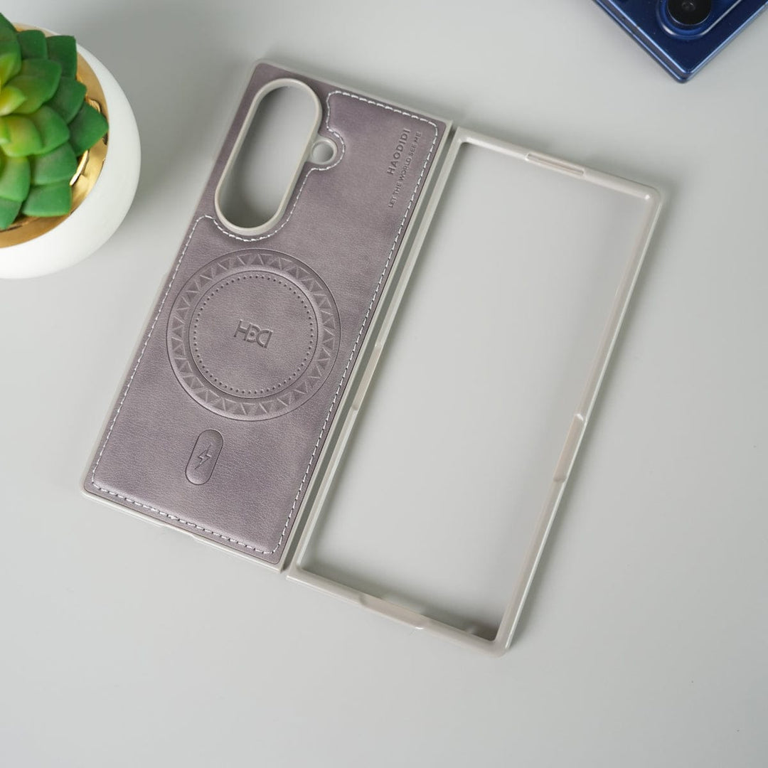 FRATO Fold 7 Collection Gray Stitch PU Leather Magnetic Charging Ring Cover For Galax Z fold 7