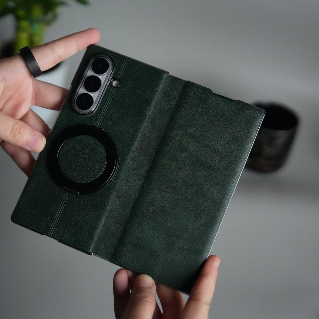 FRATO Fold 7 Collection Green Galaxy Z Fold 7 Luxury Leather Rotating Ring Stand Case