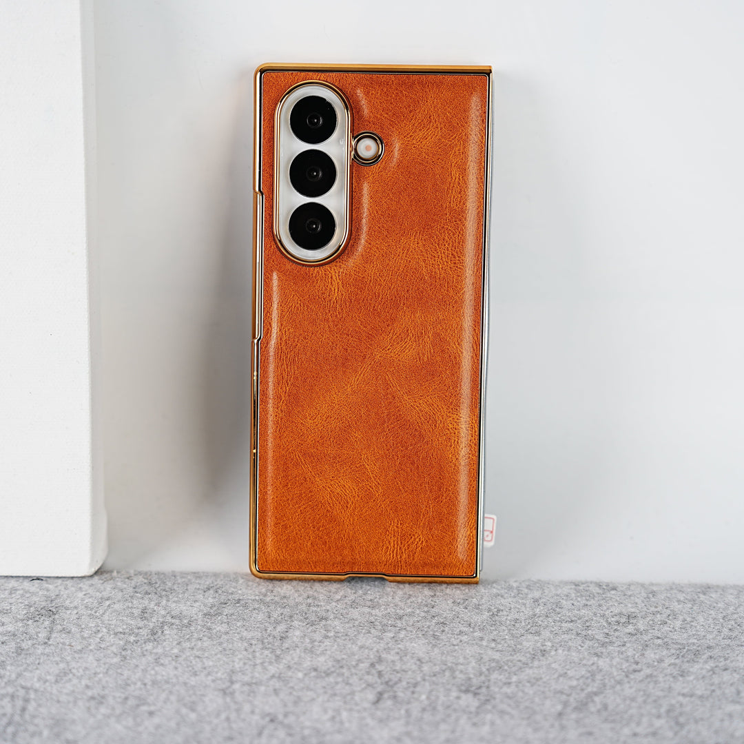 FRATO Fold 7 Collection Light Brown Samsung Galaxy Z Fold 7 PU Leather Chrome Plated Front Screen Protector Case Cover
