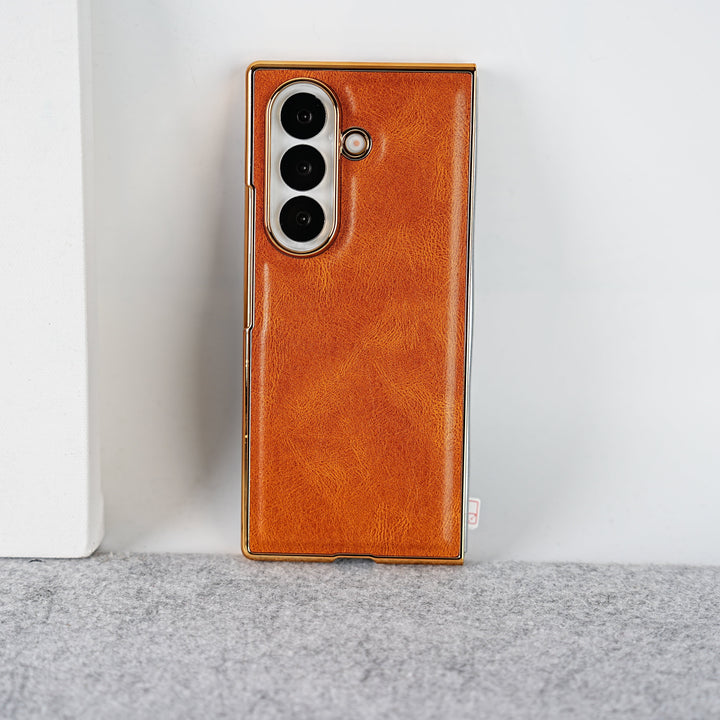 FRATO Fold 7 Collection Light Brown Samsung Galaxy Z Fold 7 PU Leather Chrome Plated Front Screen Protector Case Cover