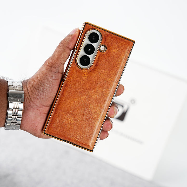 FRATO Fold 7 Collection Samsung Galaxy Z Fold 7 PU Leather Chrome Plated Front Screen Protector Case Cover