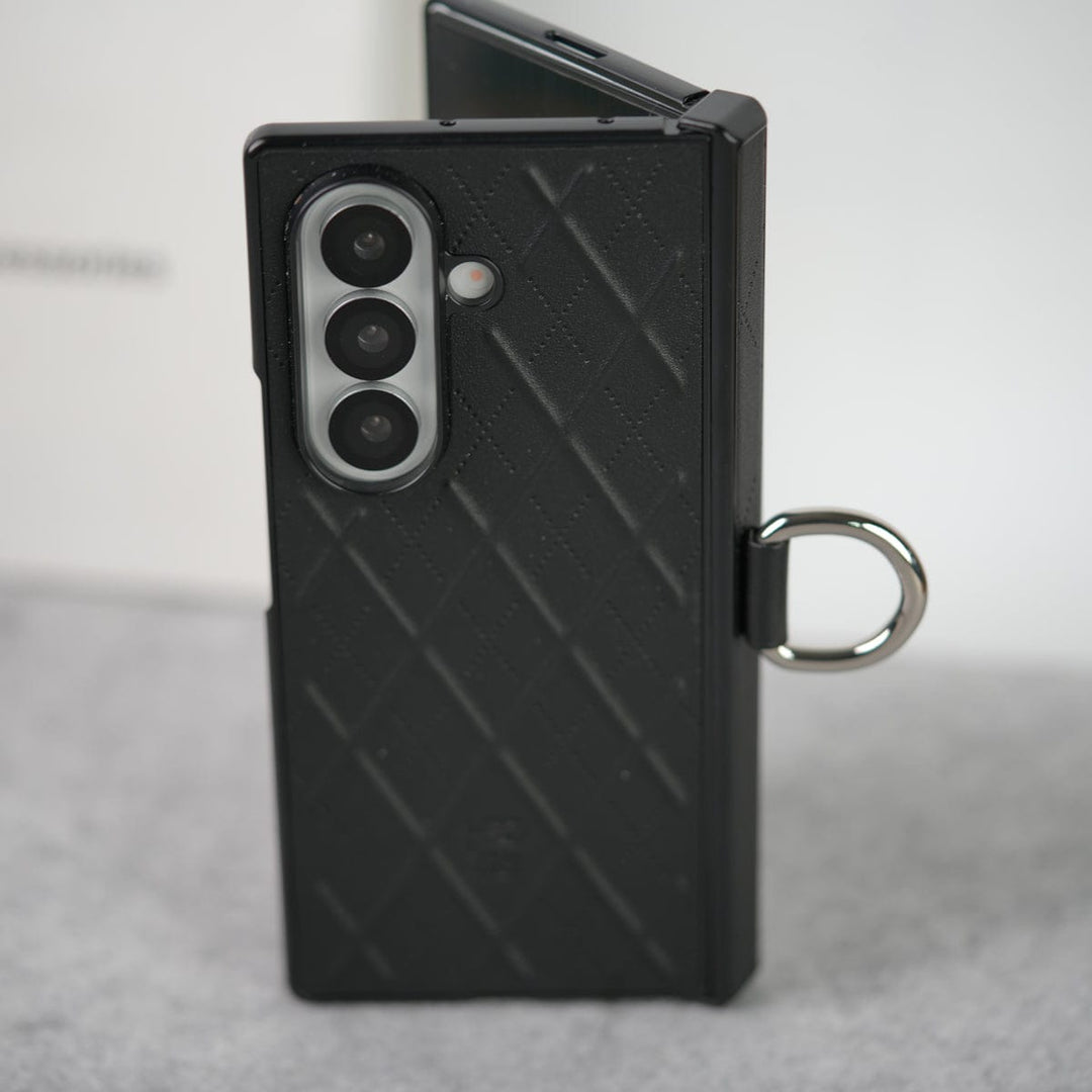 FRATO Fold 7 Collection Samsung Galaxy Z Fold 7 PU Leather Cross Dot Hinge Protection Metal Ring Case Cover