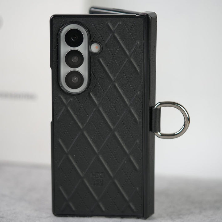FRATO Fold 7 Collection Samsung Galaxy Z Fold 7 PU Leather Cross Dot Hinge Protection Metal Ring Case Cover