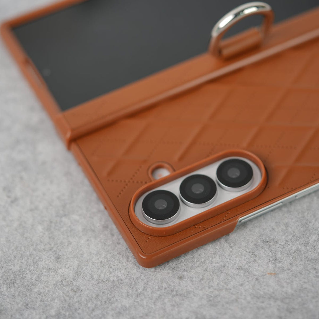 FRATO Fold 7 Collection Samsung Galaxy Z Fold 7 PU Leather Cross Dot Hinge Protection Metal Ring Case Cover