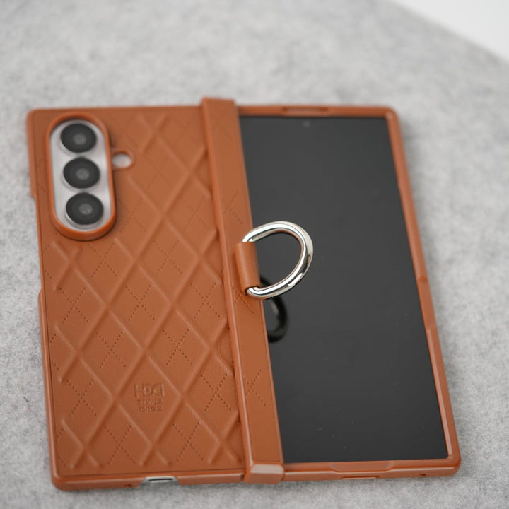 FRATO Fold 7 Collection Samsung Galaxy Z Fold 7 PU Leather Cross Dot Hinge Protection Metal Ring Case Cover