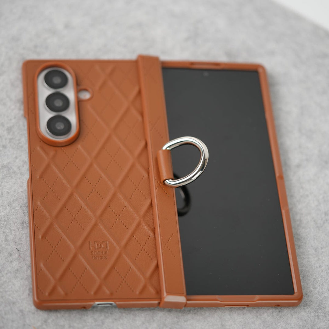 FRATO Fold 7 Collection Samsung Galaxy Z Fold 7 PU Leather Cross Dot Hinge Protection Metal Ring Case Cover