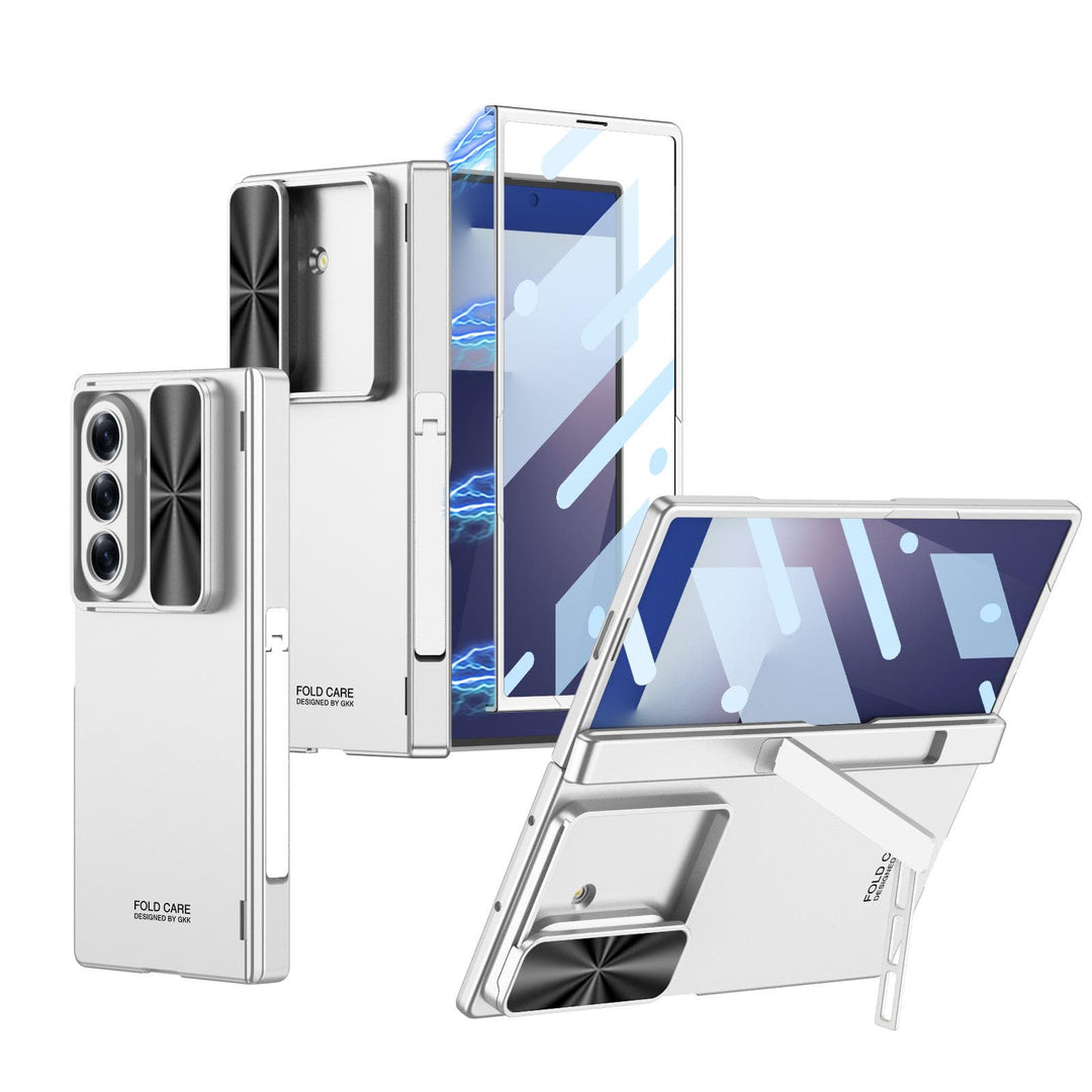FRATO Fold 7 Collection Silver Galaxy Z Fold 7 GKK Kickstand Slide Camera Lid Folding PC Phone Cover with Tempered Glass Screen Film