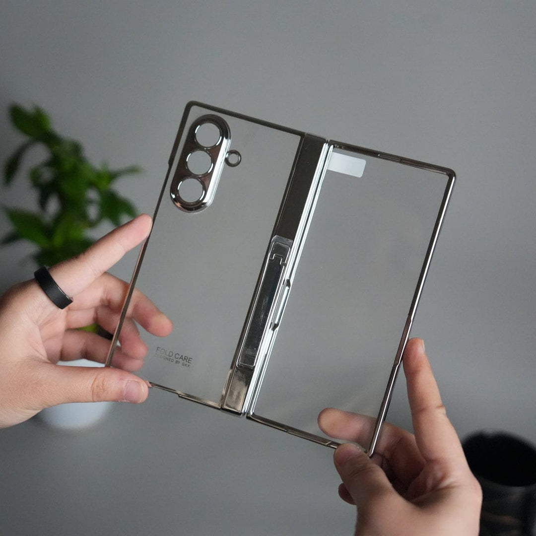FRATO Fold 7 Collection Silver Galaxy Z Fold 7 Transparent Case with Front Glass Protection | Chrome Plated Hinge &amp; Kick Stand