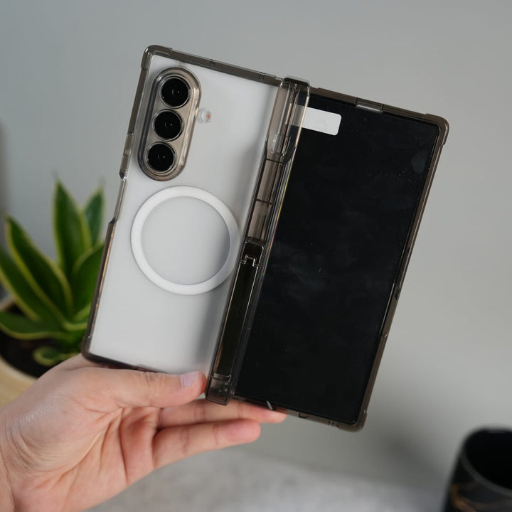 FRATO Fold 7 Collection Smoke Black Galaxy Z Fold 7 Clear MagSafe Case with S Pen Holder, Kickstand &amp; Hinge Protection | Transparent Shockproof Cover