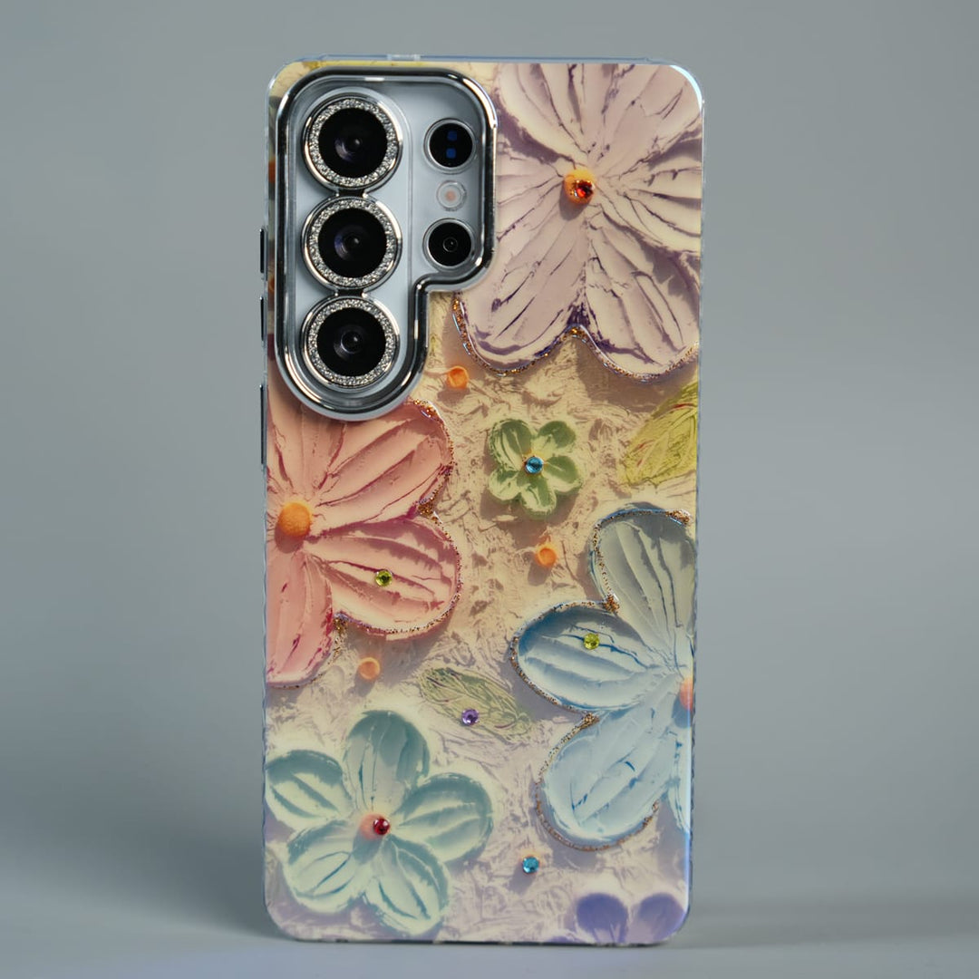 FRATO Galaxy Ultra Series S26 Ultra / Orange Galaxy Ultra Series Luxury 3D Oil Painting Floral Design Glitter Lens Protection Stand Cover