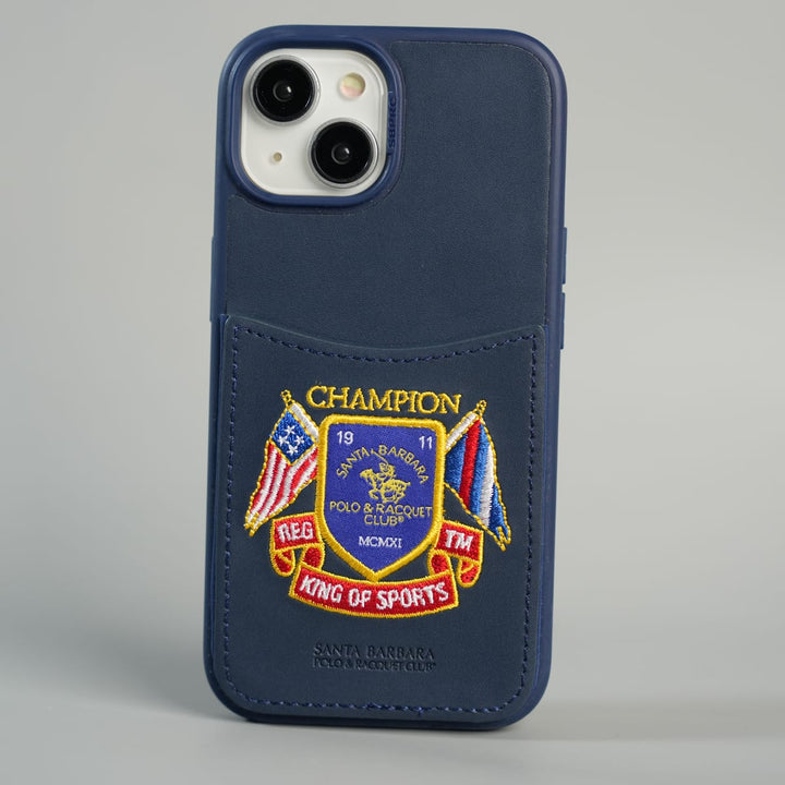 FRATO iPhone 15 Series 15 / Blue iPhone 15 Series Premium Leather Card Holder Case with Stitched Crest Design