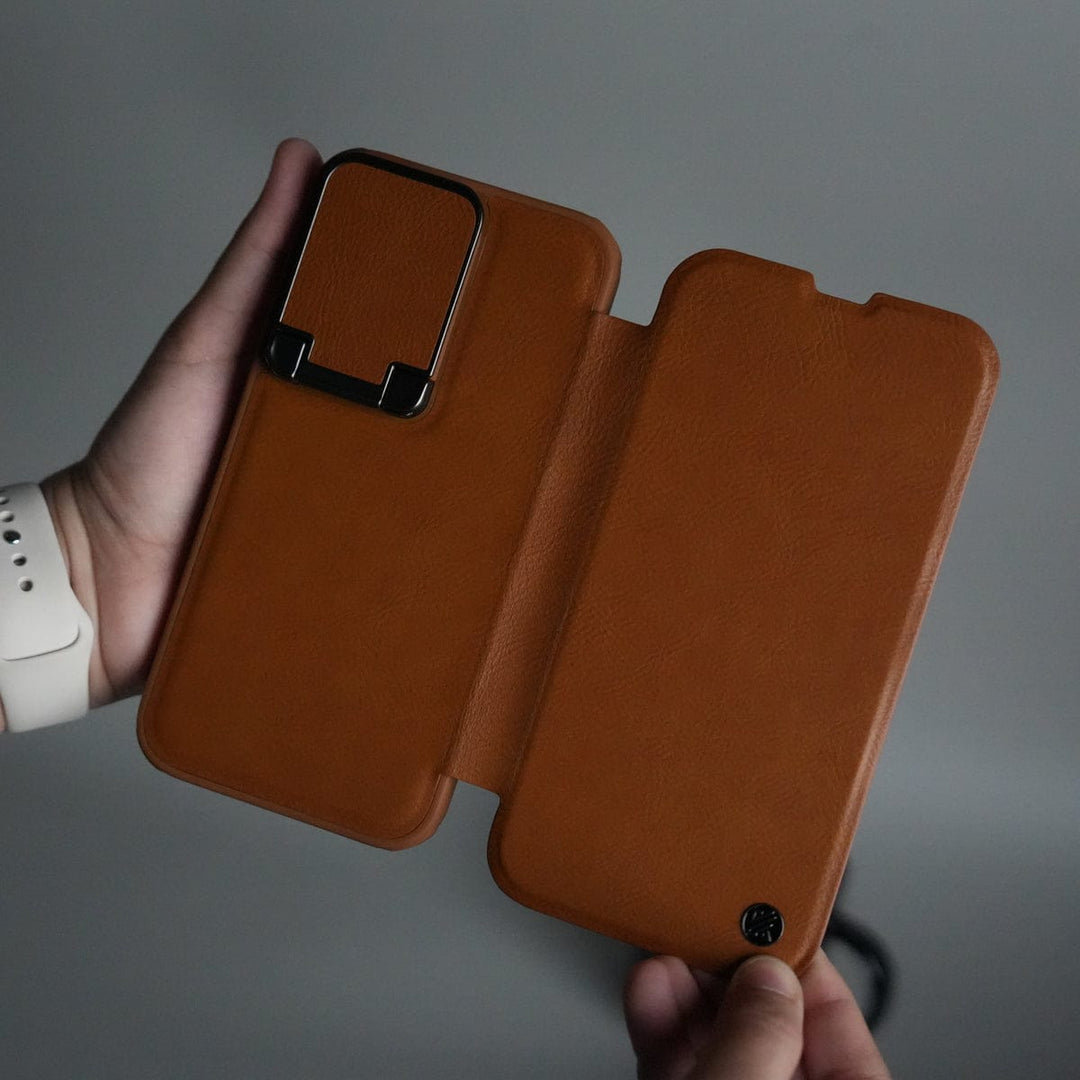 FRATO iPhone 15 Series 15 / Brown iPhone 15 Series Flip Case With Metal Camera Stand