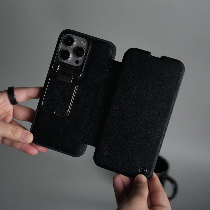 FRATO iPhone 15 Series 15 Pro Max / Black iPhone 15 Series Flip Case With Metal Camera Stand