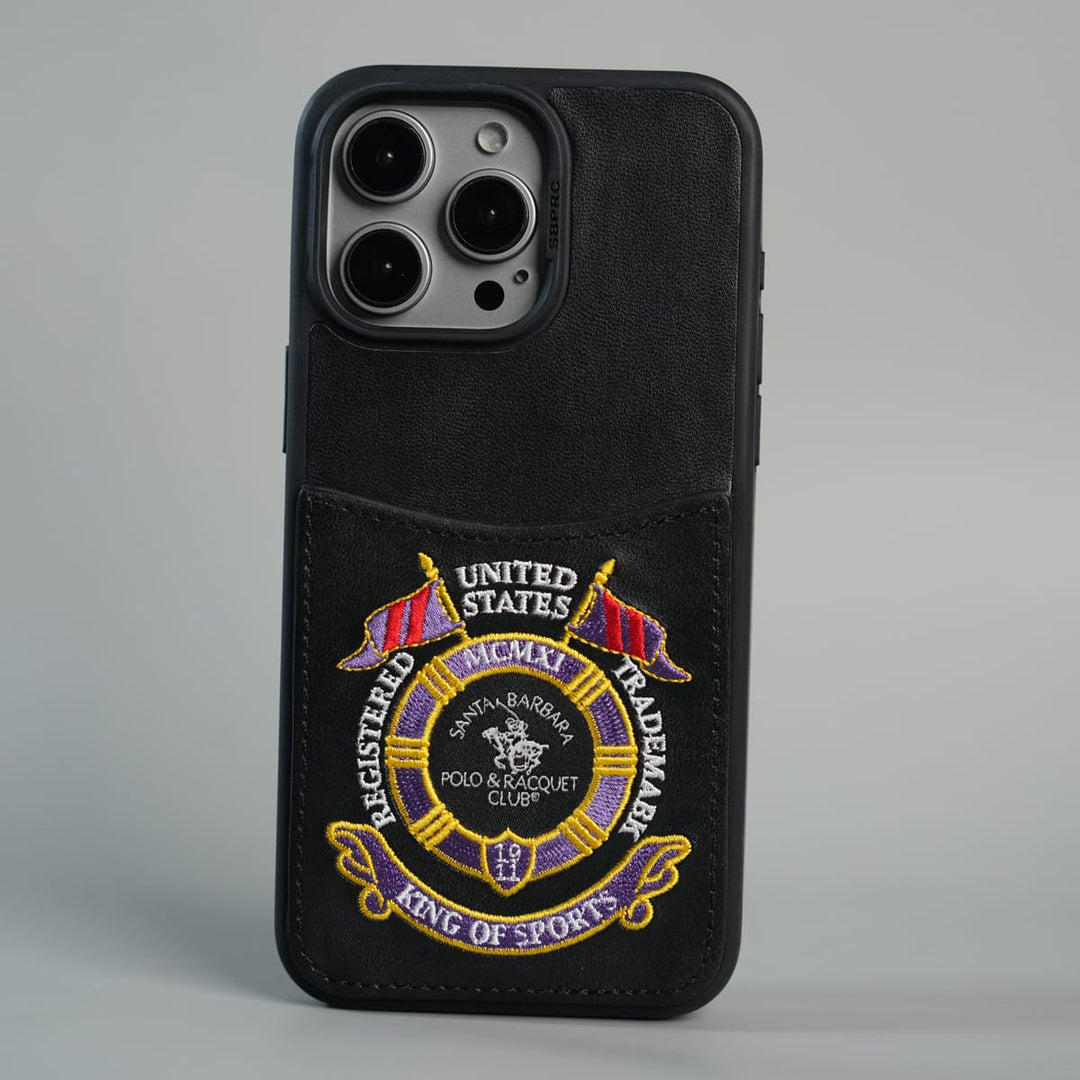 FRATO iPhone 15 Series 15 Pro max / Black iPhone 15 Series Premium Leather Card Holder Case with Stitched Crest Design