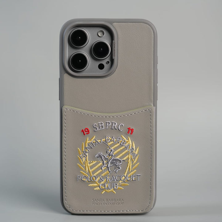 FRATO iPhone 15 Series 15 Pro max / Gray iPhone 15 Series Premium Leather Card Holder Case with Stitched Crest Design