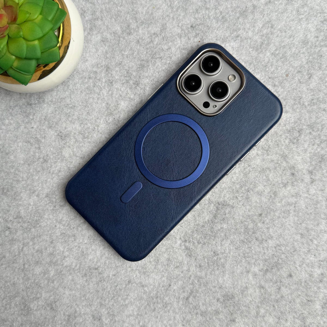 FRATO iPhone 15 Series Blue iPhone 15 Pro Max Metallic Textured Leather MagSafe Ring Case Cover