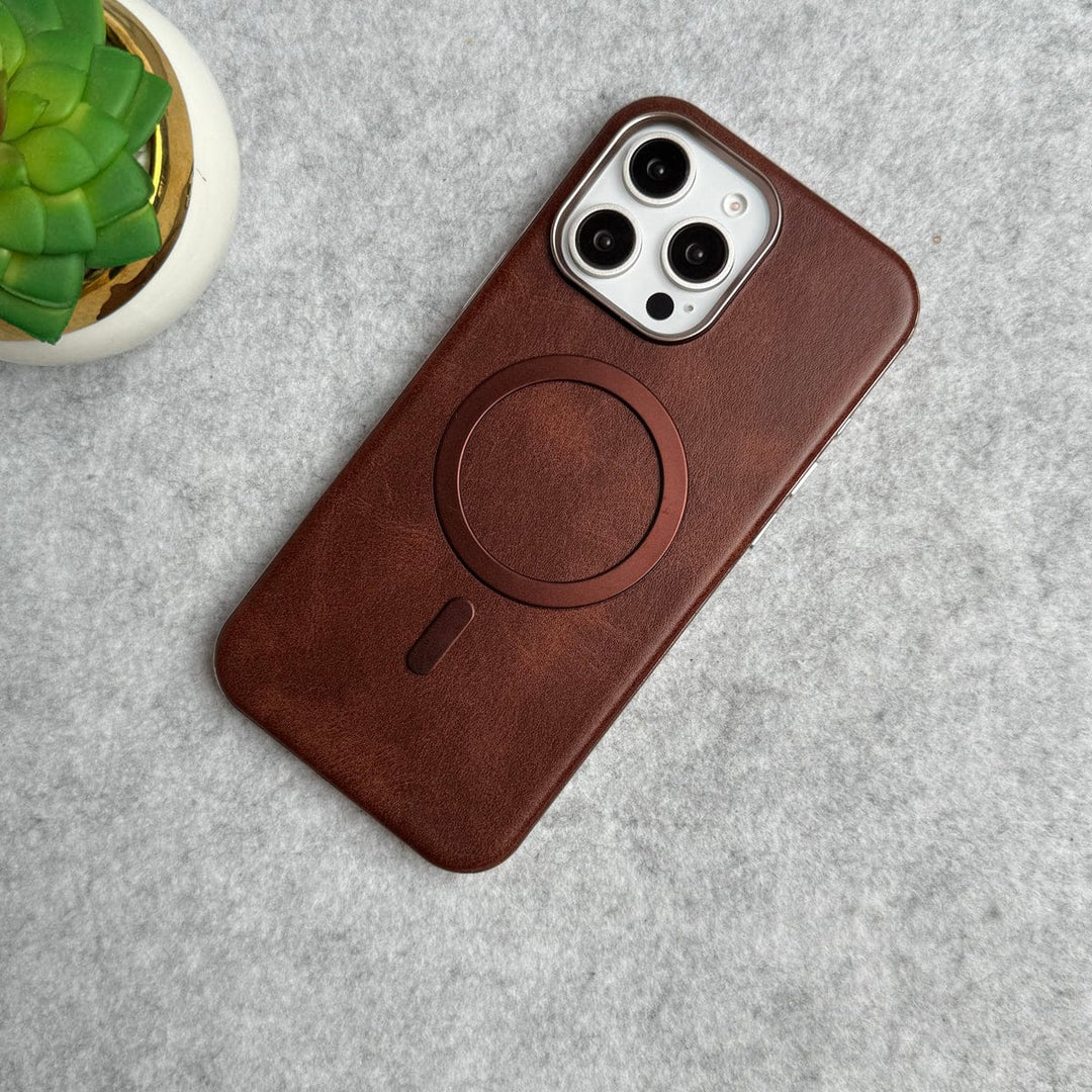 FRATO iPhone 15 Series Brown iPhone 15 Pro Max Metallic Textured Leather MagSafe Ring Case Cover