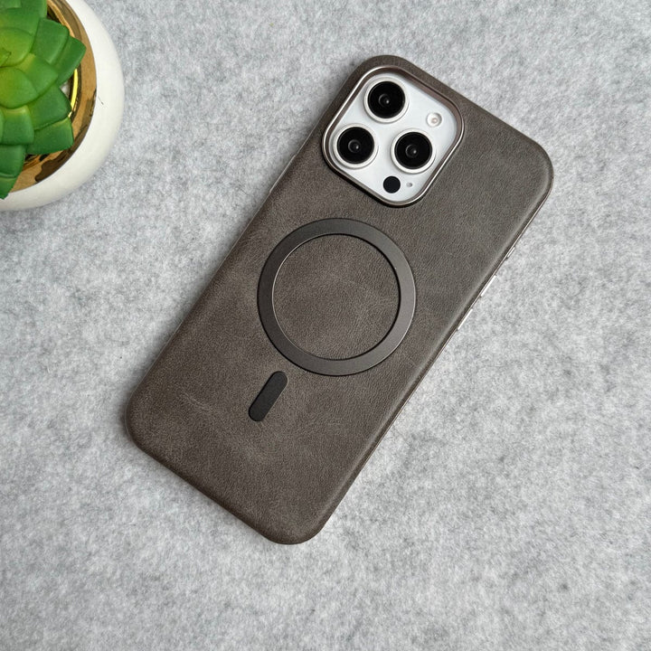 FRATO iPhone 15 Series Gray iPhone 15 Pro Max Metallic Textured Leather MagSafe Ring Case Cover
