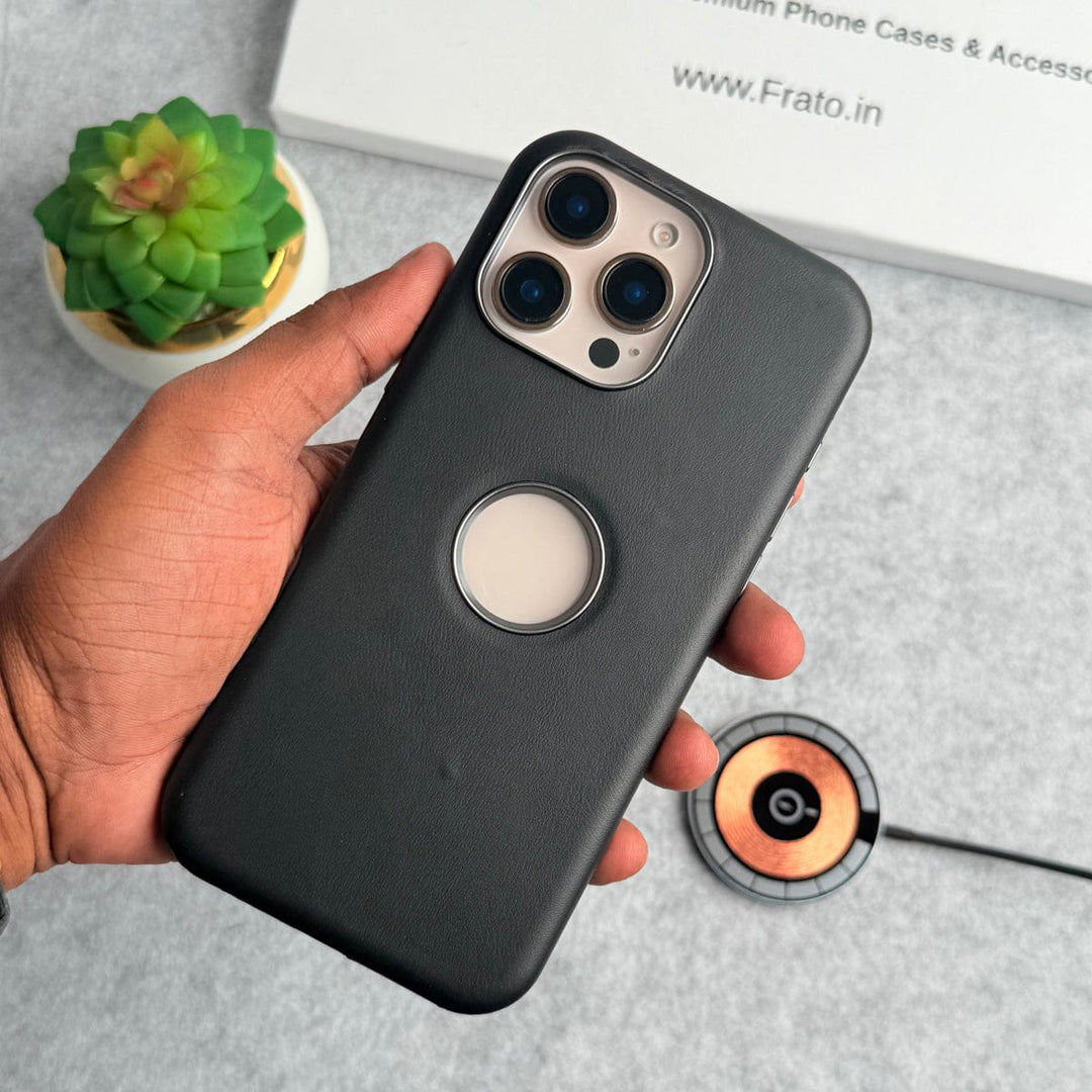 FRATO iPhone 15 Series iPhone 15 Pro Max / Black iPhone 15 Series Textured PU Leather Logo Cut MagSafe Case Cover