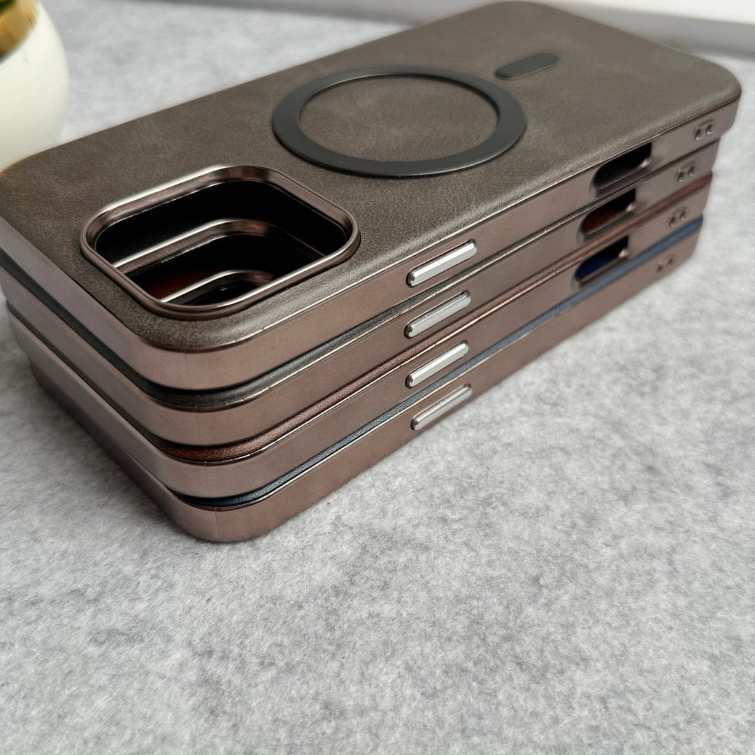 FRATO iPhone 15 Series iPhone 15 Pro Max Metallic Textured Leather MagSafe Ring Case Cover