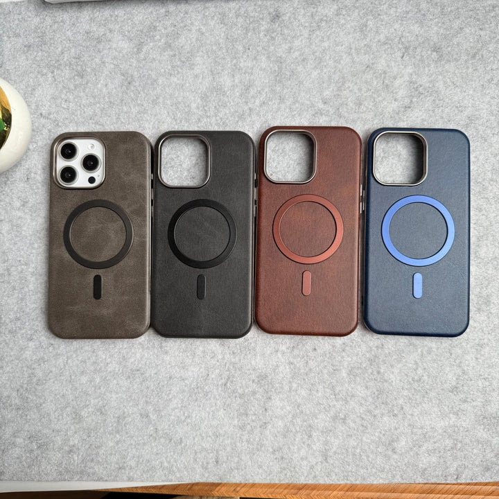 FRATO iPhone 15 Series iPhone 15 Pro Max Metallic Textured Leather MagSafe Ring Case Cover